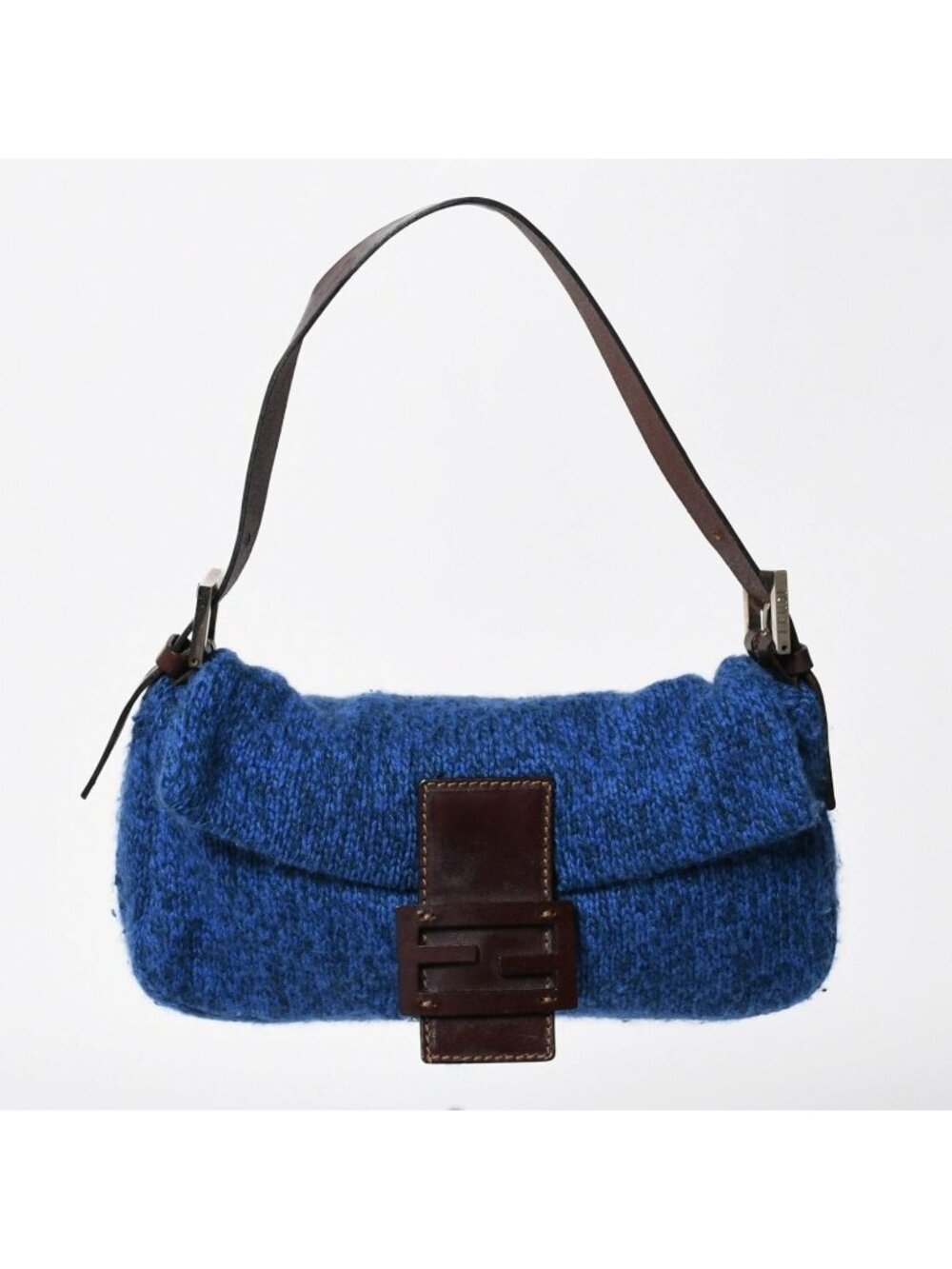Fendi Mamma Bucket Bag Wool Knit Blue Brown Leather Silver Sweater